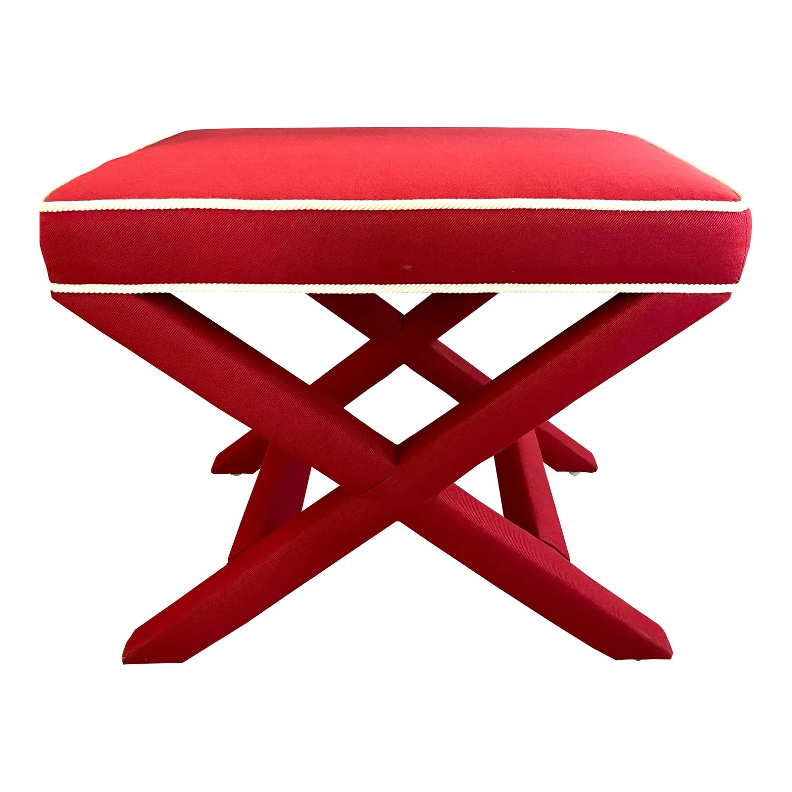 1980s Billy Baldwin Style Red X Bench Ottoman With White Rope Trim | Chairish