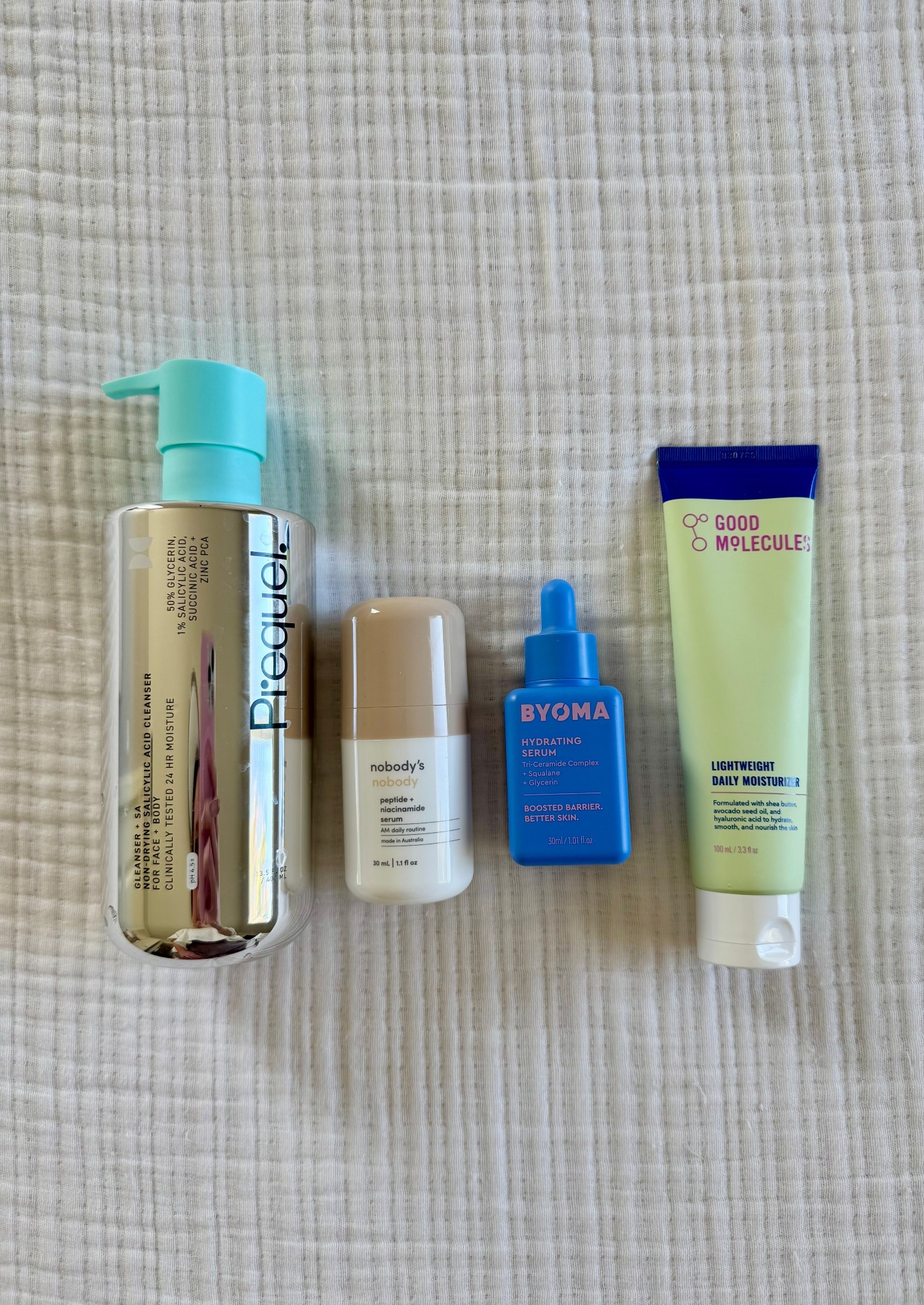 4 skincare products that are helping my textured, acne prone skin. I use the nobody’s nobody in the morning and the byoma in the evening. Cleanser and moisturizer morning at night. IN LOVE with it all!!!!!