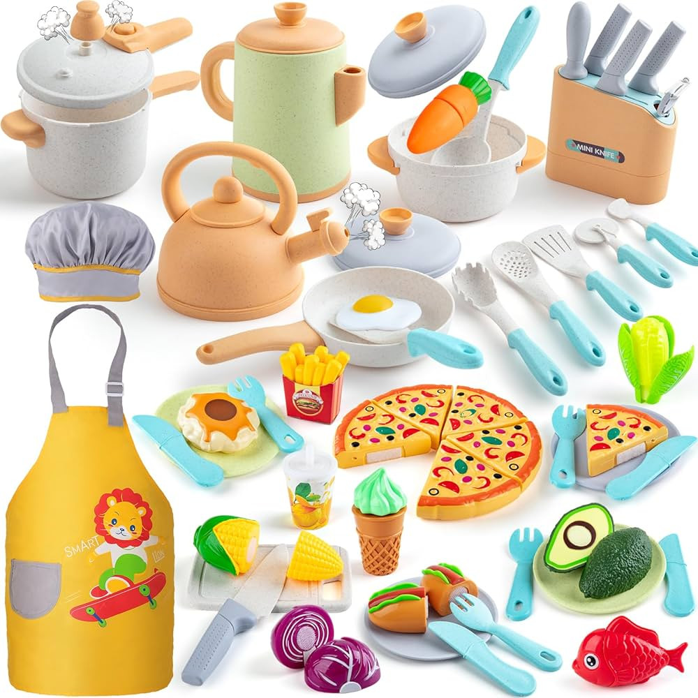 Sundaymot Play Kitchen Accessories Toddler Pretend Cooking Play Pots, with Apron, Toys Pots and P... | Amazon (US)