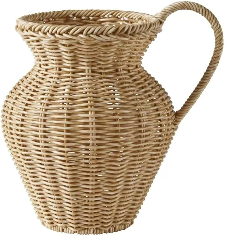 9" Faux Wood Rattan Pitcher Vase Flower Vases for Dried Flowers, Wide Resin Basket Wicker Vases f... | Amazon (US)