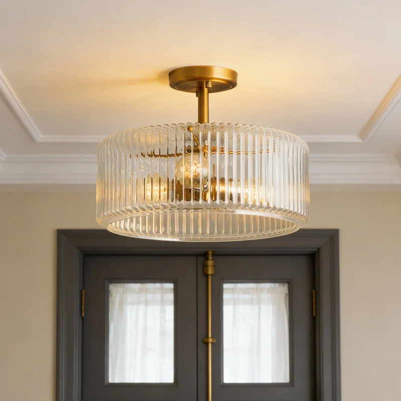 Traditional Striped Glass Flush Mount - 15in, 3-Light, Antique Brass | Wayfair North America