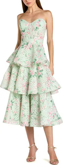 Floral Net Strapless Tiered Ruffle Midi Dress | Nordstrom