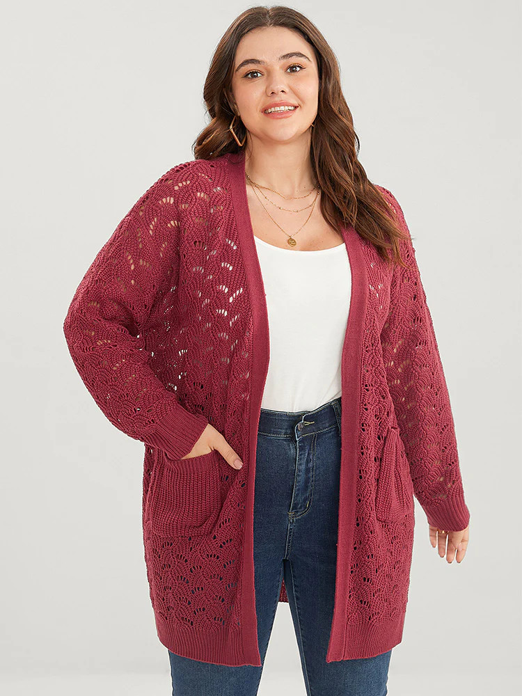 Plain Pointelle Knit Cut Out Pocket Open Front Mid Long Cardigan | Bloomchic