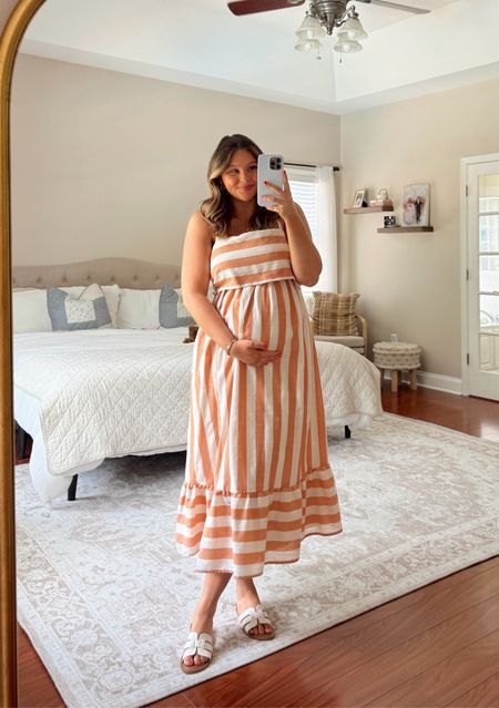 Summer orange striped midi dress - code: MadisonH25

church dress, modest dress, modest fashion, blue dress, bump friendly, bump style, 28 weeks pregnant 

#LTKStyleTip #LTKBump