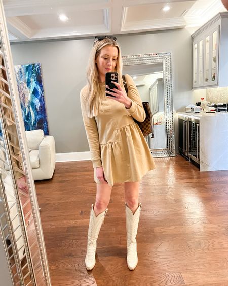 Casual dress look in neutral colors with ivory cowboy boots. Dress is under $70 wearing size XS  

#LTKSeasonal #LTKunder100 #LTKworkwear