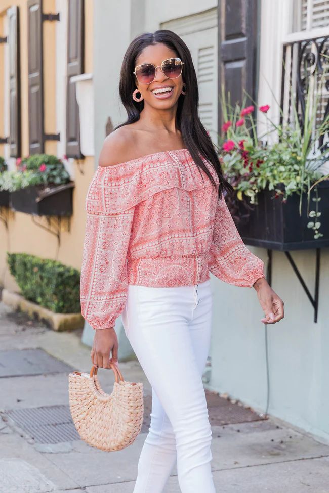 Unfamiliar Love Pink Printed Off The Shoulder Blouse | The Pink Lily Boutique