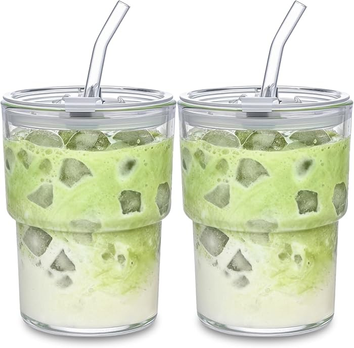 13oz Glass Tumbler with Straw and Lid, Leak Proof Iced Coffee Cup, Thick Wall BPA Free Drinking G... | Amazon (US)
