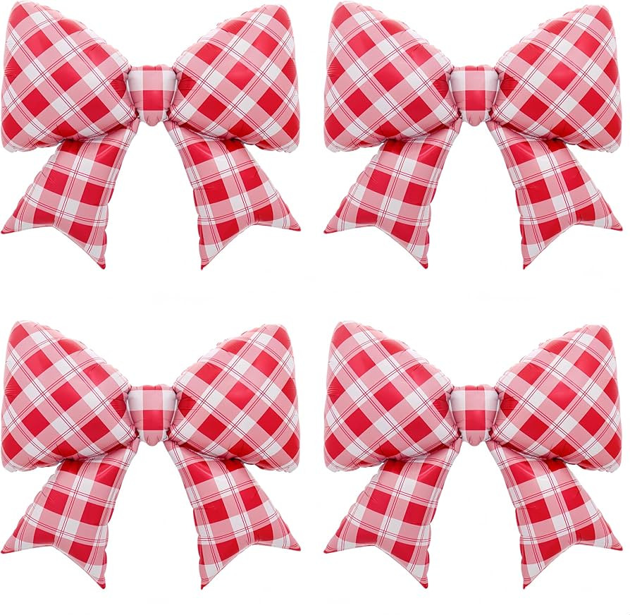 4Pcs Red White Gingham Bow Balloons for Christmas/Summer Picnic BBQ/Valentine’s Day/Kitty Cat/P... | Amazon (US)