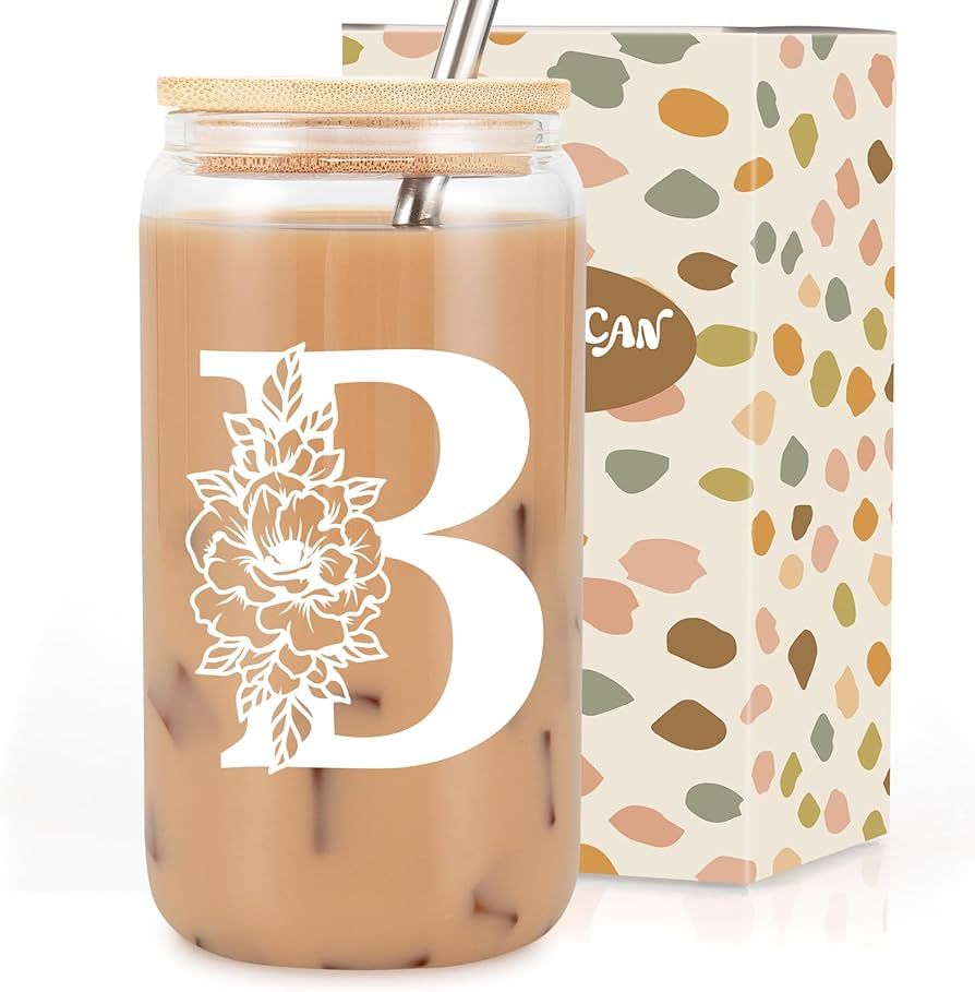 Coolife Initial Glass Cup, Monogrammed Gifts for Women, 16 oz Glass Cups w/Lids Straws, Iced Coff... | Amazon (US)