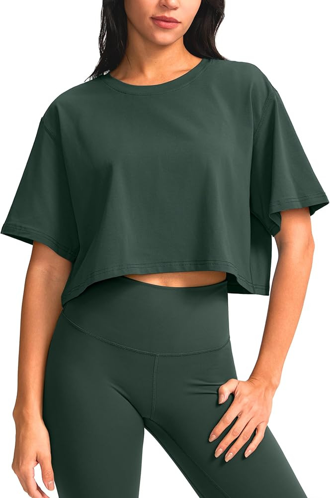 SANTINY Cotton Crop Workout Tops for Women Short Sleeve Running Shirts Cropped T-Shirt Yoga Athle... | Amazon (US)