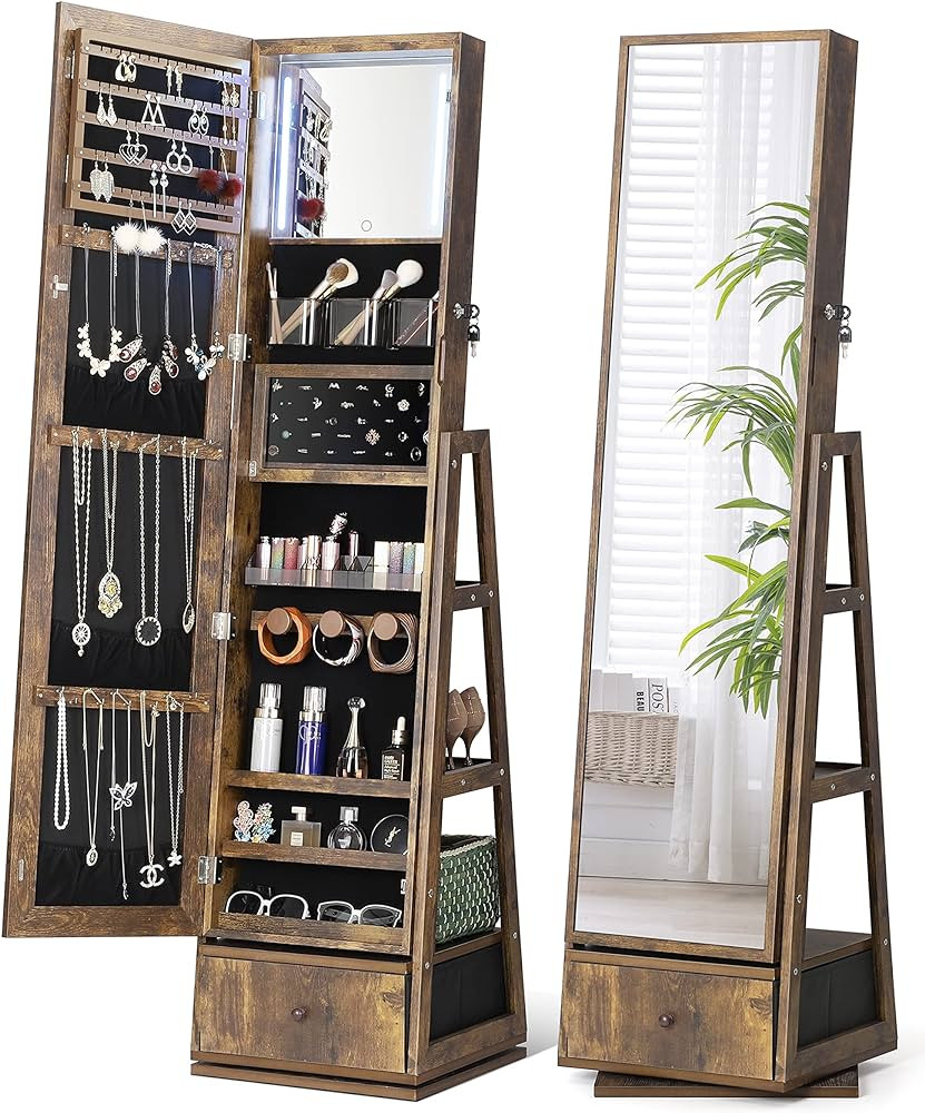 Nicetree 360\u00b0 Swivel Jewelry Cabinet with Lights, Full Length Mirror | Amazon (US)