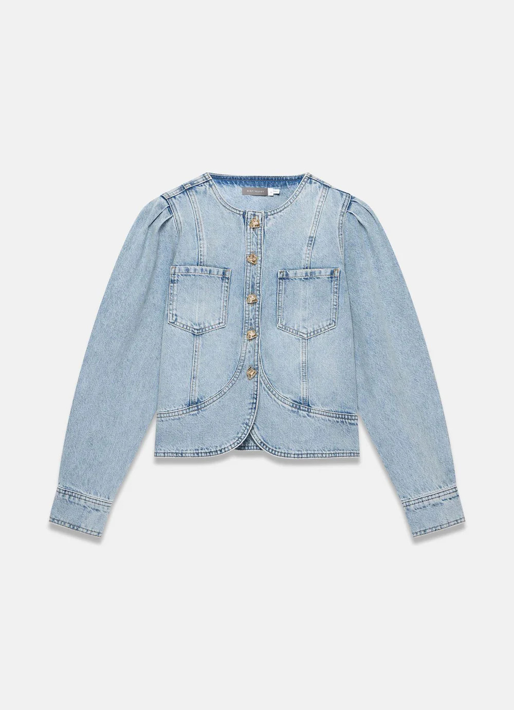 Light Indigo Collarless Denim Jacket | Mint Velvet