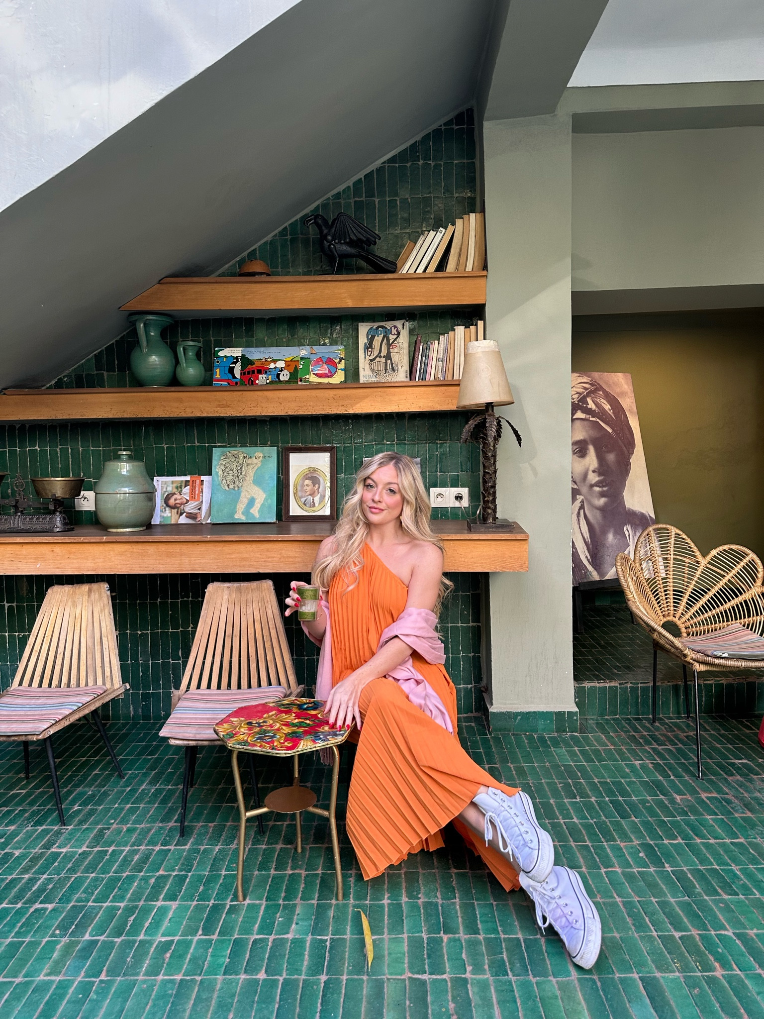 Outfit from Amazon orange pleated maxi dress vacation 
Wearing size small 