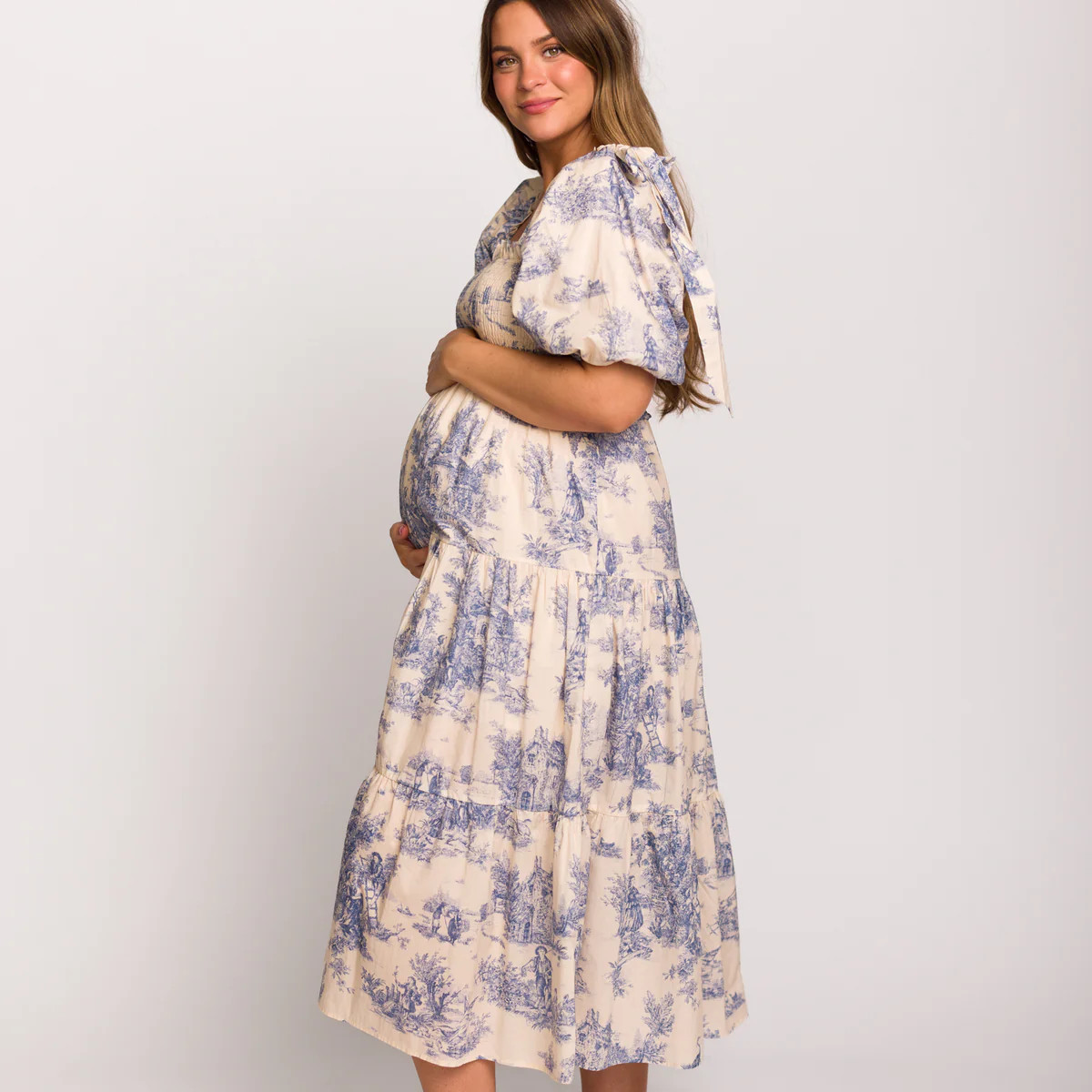 Elena 100% Cotton Toile Print Smocked Midi Dress in Blue - Bump Friend | Worth Collective