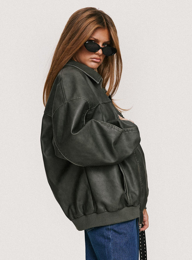 Goldsmith Faux Leather Bomber Jacket Washed Forest | Princess Polly US