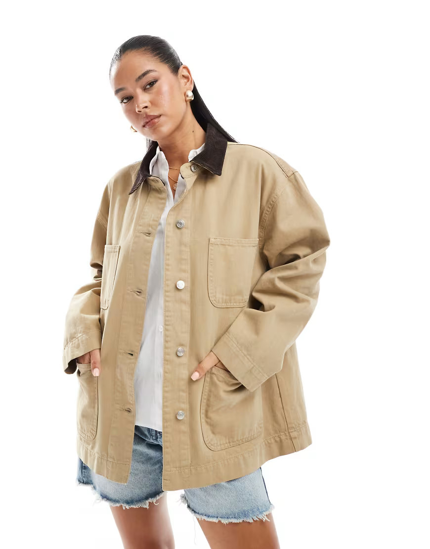 ASOS DESIGN – Barn-Jacke aus Denim in Steinbeige mit kontrastierendem Kragen-Neutral | ASOS (Global)