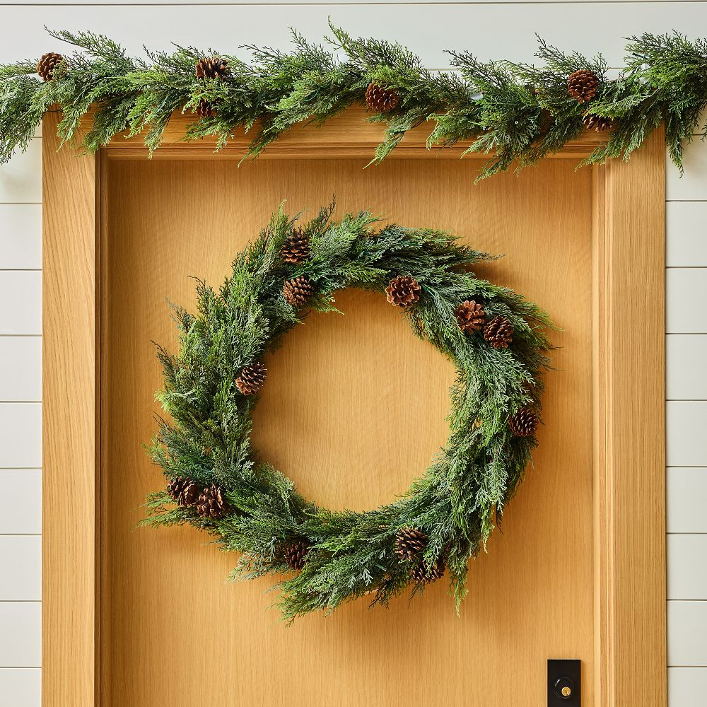 Pre-Lit Faux Cypress Pine Wreath &amp; Garland | West Elm (US)