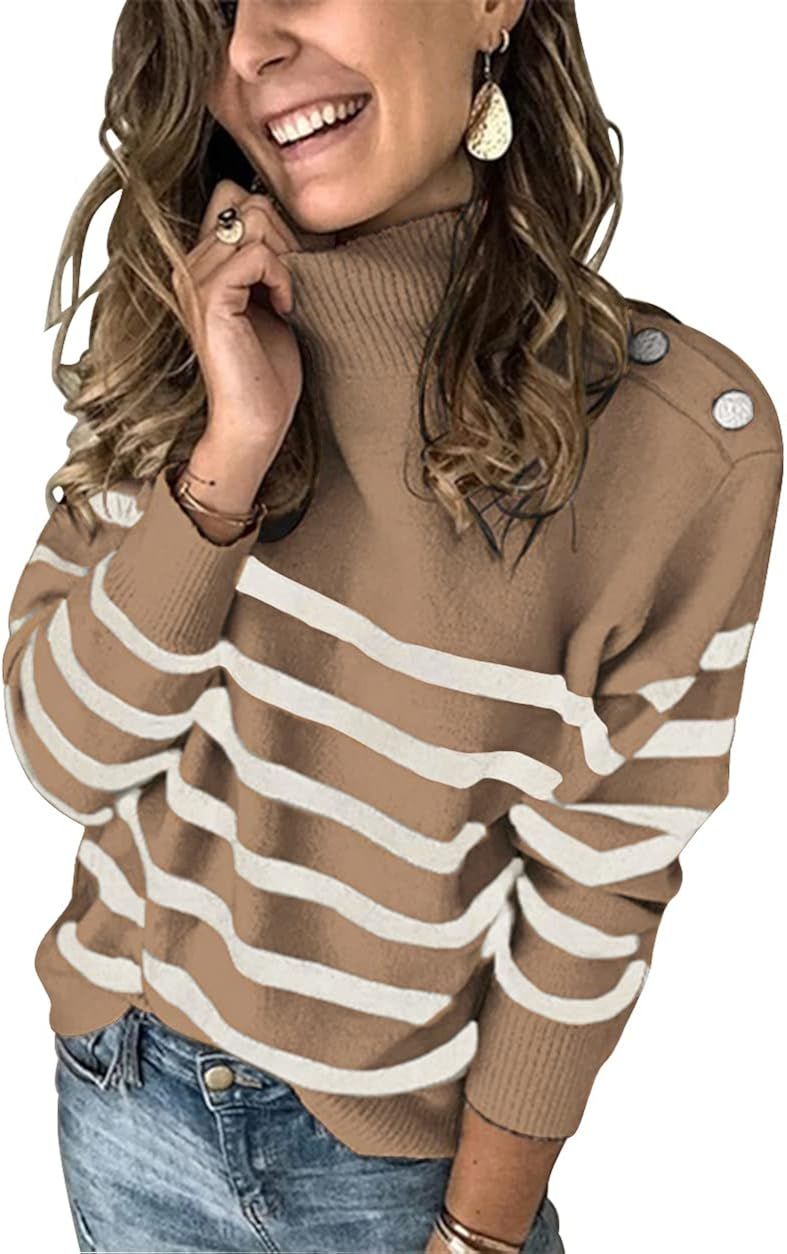 KIRUNDO 2021 Winter Women’s Long Sleeves Knit Sweater Turtleneck Striped Print Loose Pullover T... | Amazon (US)