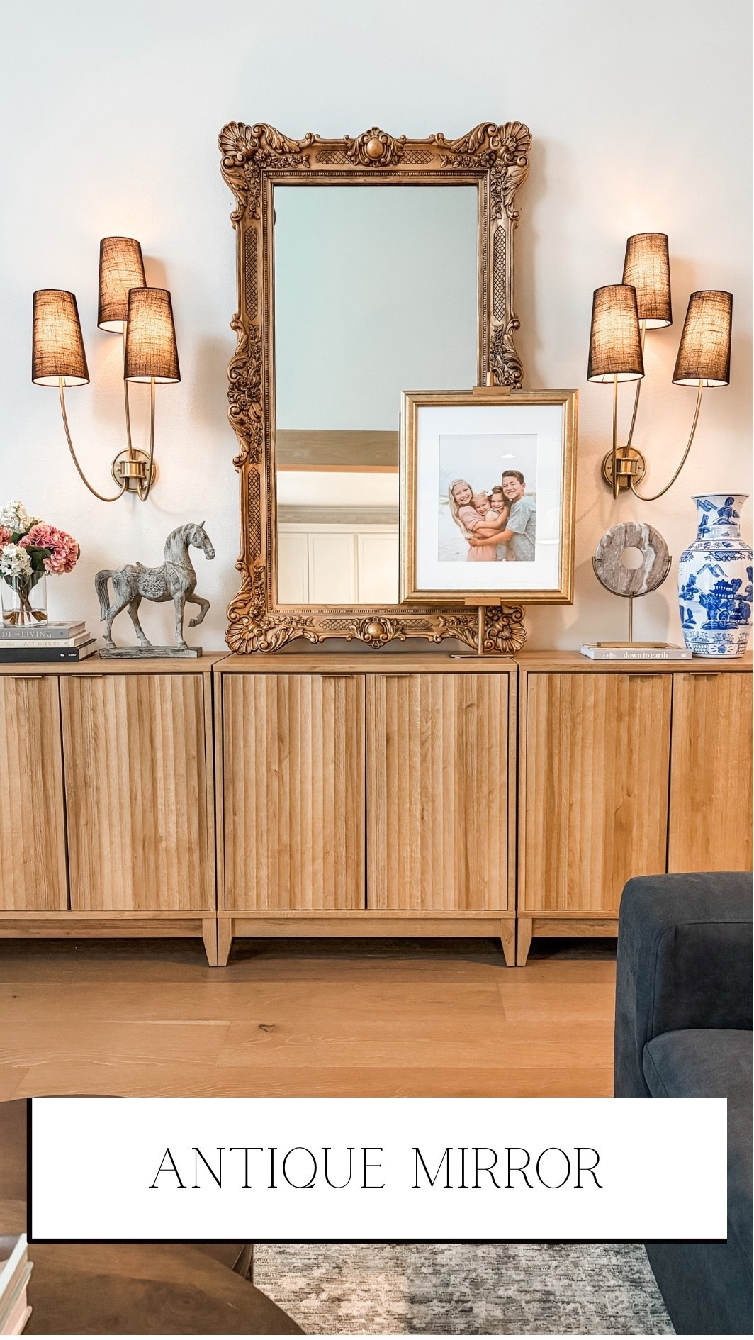 New statement mirror found at an antique store! Used rub n’ buff color Antique Gold. 






Sideboard
Storage cabinet
Statement mirror
Wall mirror
Floor mirror
Antique mirror
Sconces
Statement sconce
Shelf decor 
