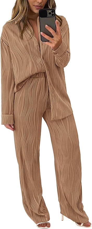 PRETTYGARDEN Women's Fall 2 Piece Textured Sets Casual Button Down Shirt Wide Leg Pants Outfit Lo... | Amazon (US)