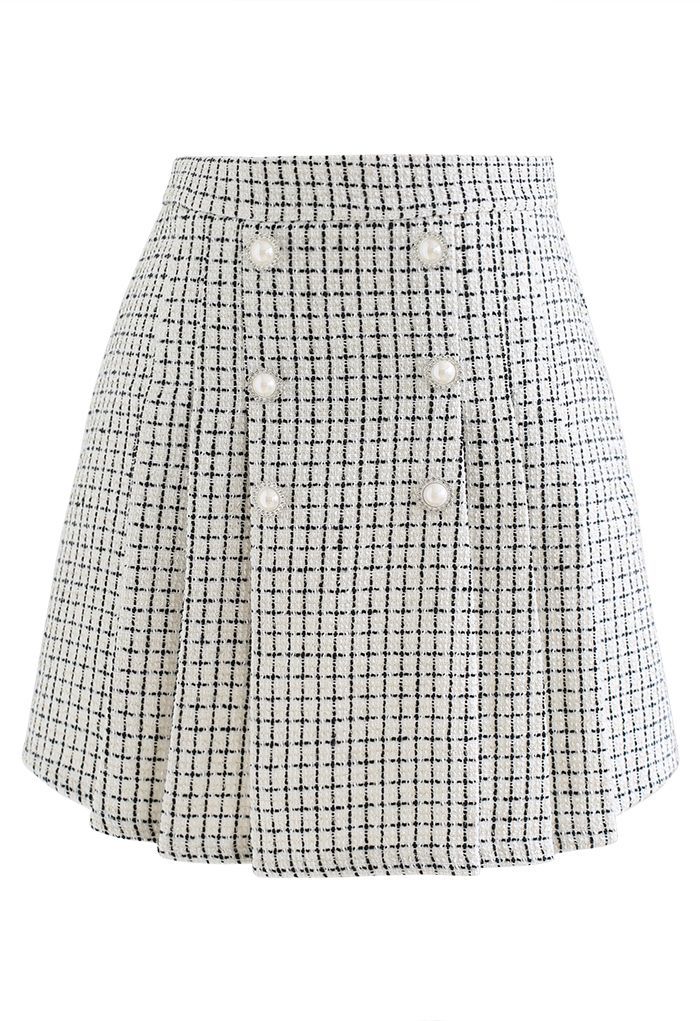 Pearl Button Check Tweed Mini Skirt in White | Chicwish