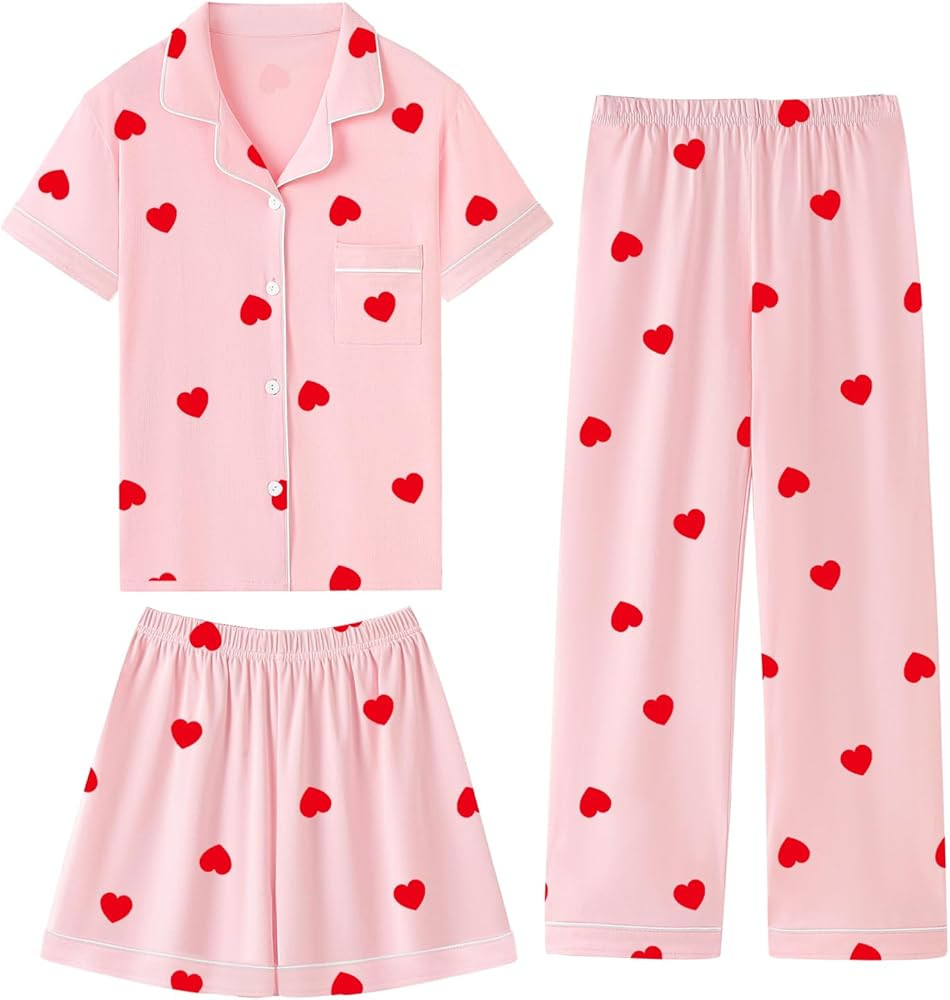 QZH.DUAO Girls 100% Cotton 3pcs Pajama Sets Button Down Short Sleeve Long Pants With Shorts Sleep... | Amazon (US)