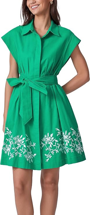D-Sun Women Embroidery Shirt Dress Button Down Cotton Linen Short Sleeves Collared Belted Pleated... | Amazon (US)
