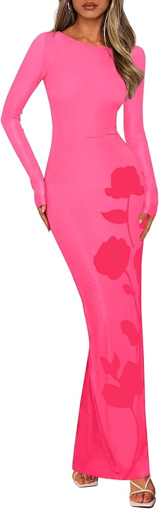 PRETTYGARDEN Bodycon Maxi Dress 2025 Fall Floral Long Sleeve Sexy Mesh Cocktail Wedding Guest Lon... | Amazon (US)