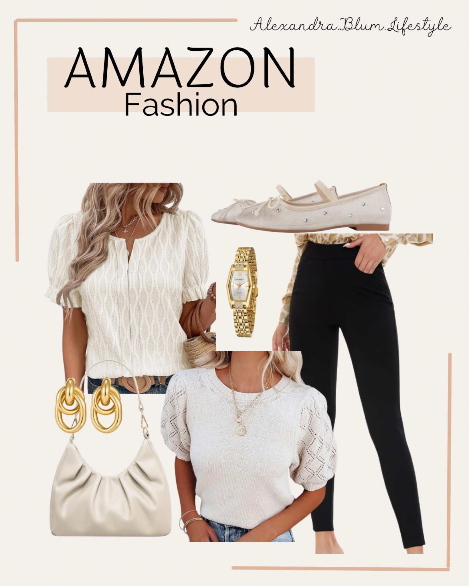 Amazon work outfit ideas! Business casual attire! Black dress pants, white, cream, ivory work tops and blouses, gold watch, ballet flat work shoes, and cream handbag purse bag!! Best selling gold earrings. Amazon fashion! Amazon trends!

#LTKfindsunder50 #LTKover40 #LTKstyletip