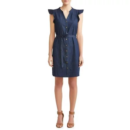 Women's Denim Flutter Sleeve Belted Shirt Dress | Walmart (US)