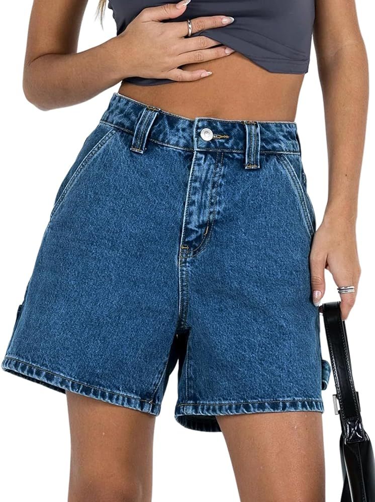 PLNOTME Womens High Waisted Denim Shorts Summer Casual Button Down Baggy Jean Shorts with Pockets | Amazon (US)