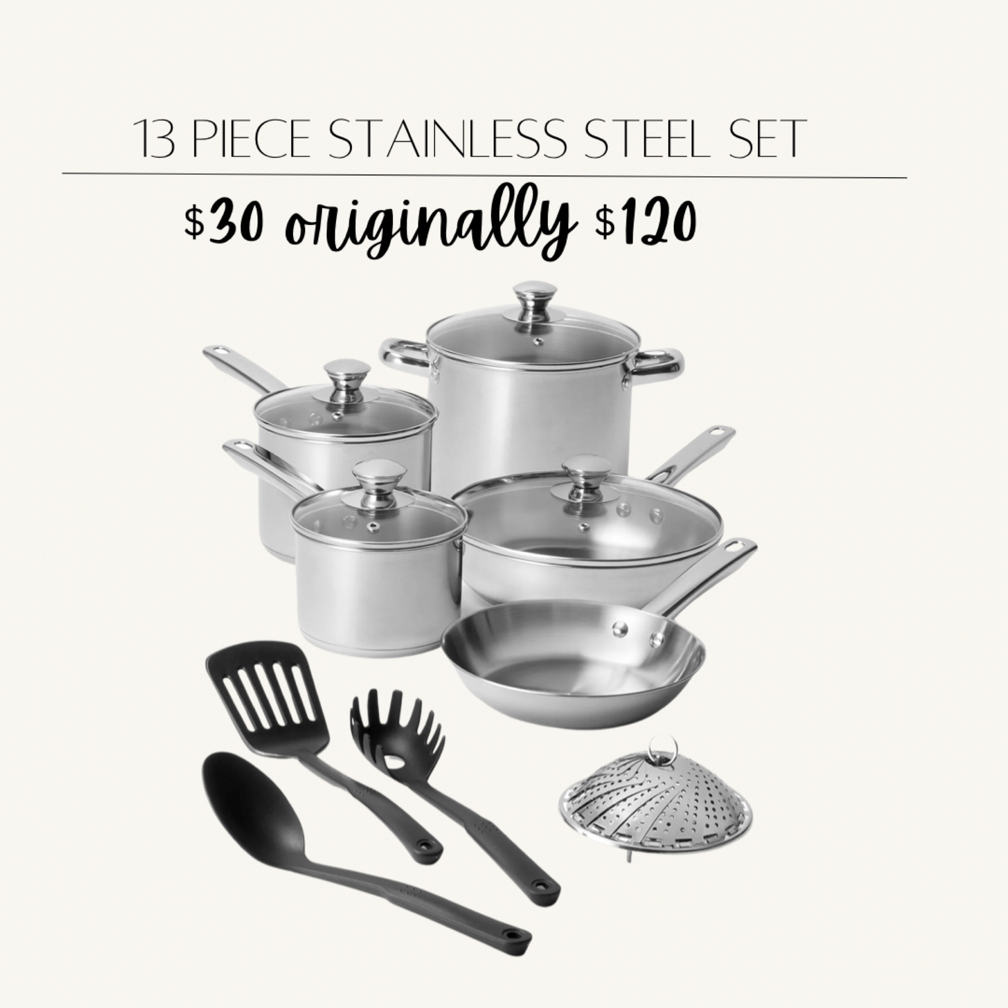 Stainless steels pots and pans set on sale at an incredible price! 

#LTKunder50 #LTKsalealert #LTKhome