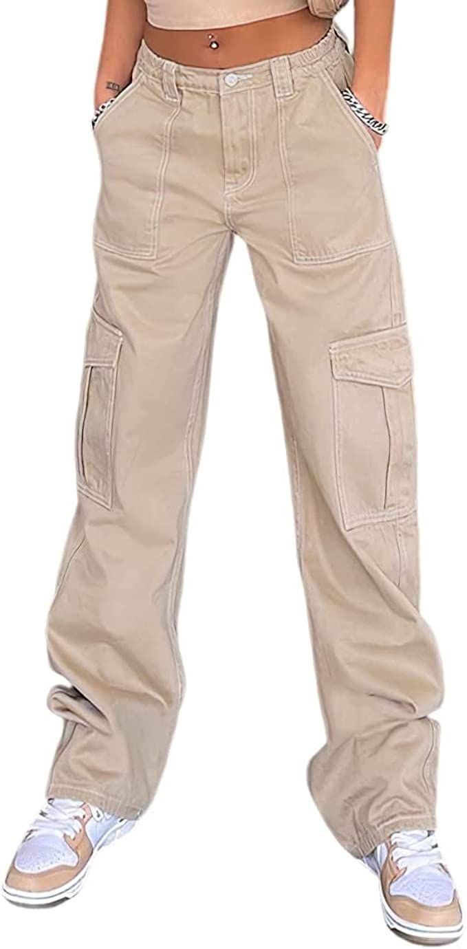 QYANGG High Waist Stretch Cargo Pants Women Baggy Multiple Pockets Relaxed Fit Straight Wide Leg ... | Amazon (US)