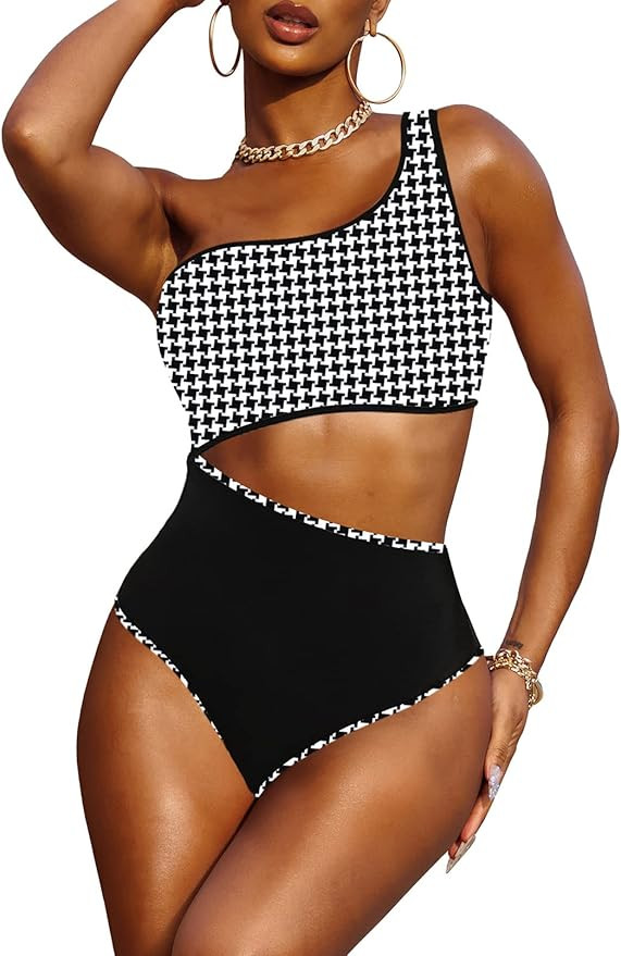 Viottiset Women's One Shoulder Cut Out Colorblock One Piece Swimsuit Bathing Suit | Amazon (US)