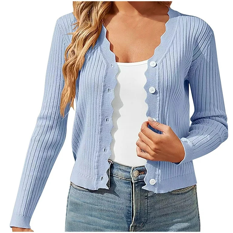 Knitted Sweater Cardigans Womens Button Up Long Sleeve Scallop Ribbed Crop Short Jackets Fall Cas... | Walmart (US)
