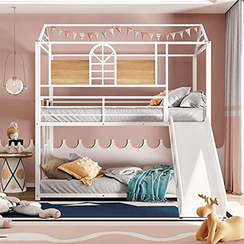Twin Over Twin Bunk Beds with Slide, Metal Frame House Bunk Bed , Low Twin Bunk Beds with Built-i... | Amazon (US)
