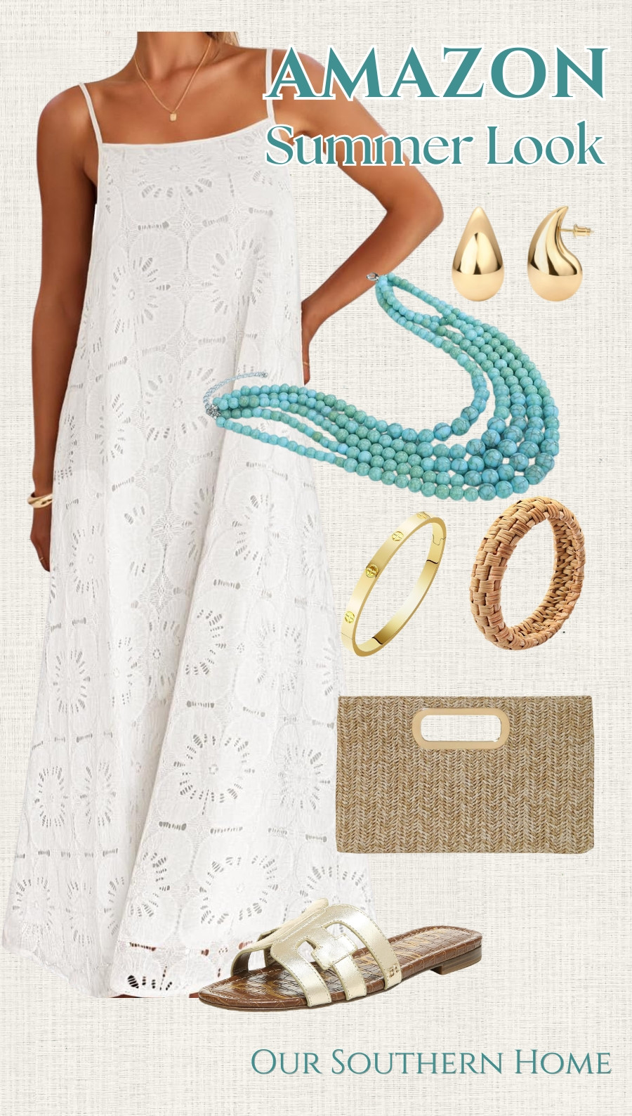  

 White sundress look and accessories all from Amazon! Perfect for vacation and the beach! 

Gold jewelry | turquoise necklace | woven clutch | Sam edleman sandals 