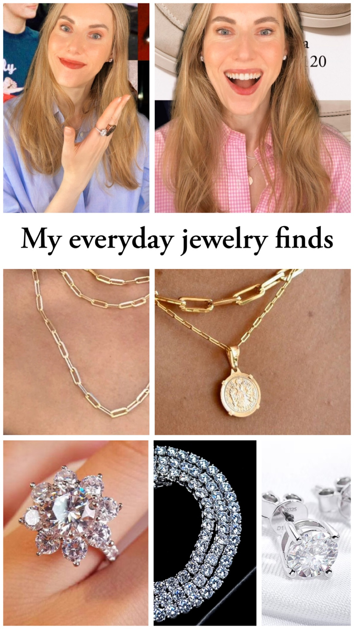 You’ve seen these pieces in my videos. I’m calling them everyday jewels because I do wear them daily, but they’re special enough to go from day to a night out. 

Especially that flower ring 🤩

The tennis bracelet I have in 4mm silver. The paper clip necklace i wear in the large, 24”. My medallion necklace is 16” long, and my moissanite studs are 3 carats each, so 6 carats combined. 

#LTKunder100 #LTKFind #LTKunder50