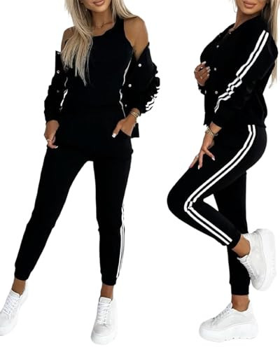 CHICME Women's Three Piece Outfits Striped Tape Patch Tank Tops Bomber Jacket with Sporty Pants Tracksuit Lounge Sets-bk-S | Amazon (US)