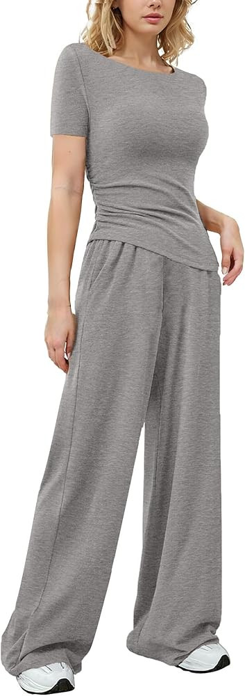 LICOBOD Asymmetrical 2 piece lounge set women long sleeve travel Outfits Comfy Loungewear Wide Le... | Amazon (US)