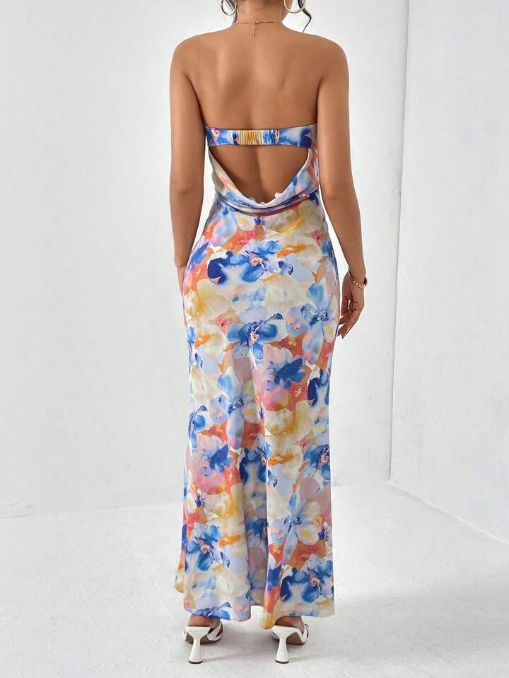 SHEIN Privé Floral Print Draped Backless Tube Dress | SHEIN