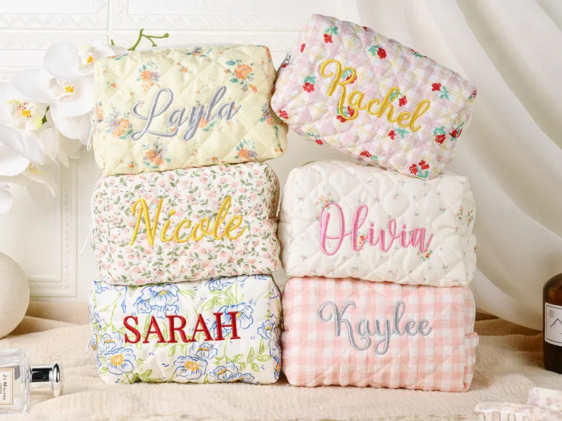 Personalized Embroidered Makeup Bag,custom Makeup Bag,floral Cosmetic Bag,travel Makeup Pouch, Wo... | Etsy (US)