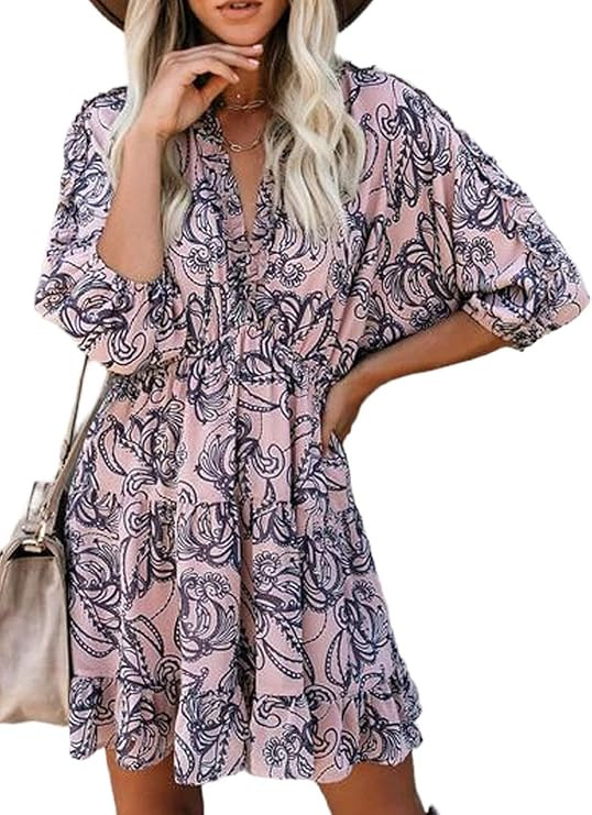 Dokotoo Womens 2022 Spring V Neck Ruffle Chiffon Elegant Mini Short Swing Skater Dresses | Amazon (US)