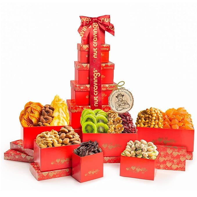 Valentines Day Dried Fruit & Mixed Nuts Gift Basket Red Tower + Heart Ribbon (12 Assortments) Gou... | Amazon (US)