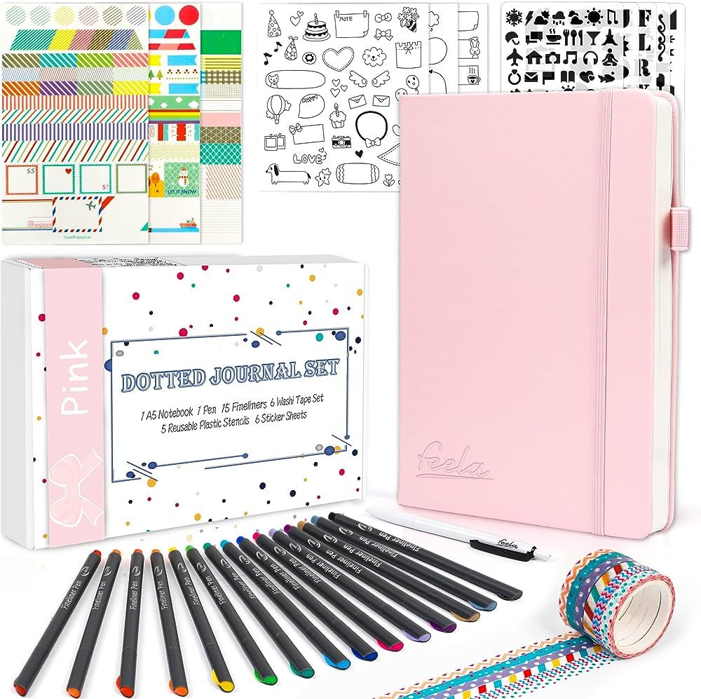 Dotted Journal Kit, Feela Dot Grid Journal Hardcover Planner Notebook Set For Beginners Women Gir... | Amazon (US)