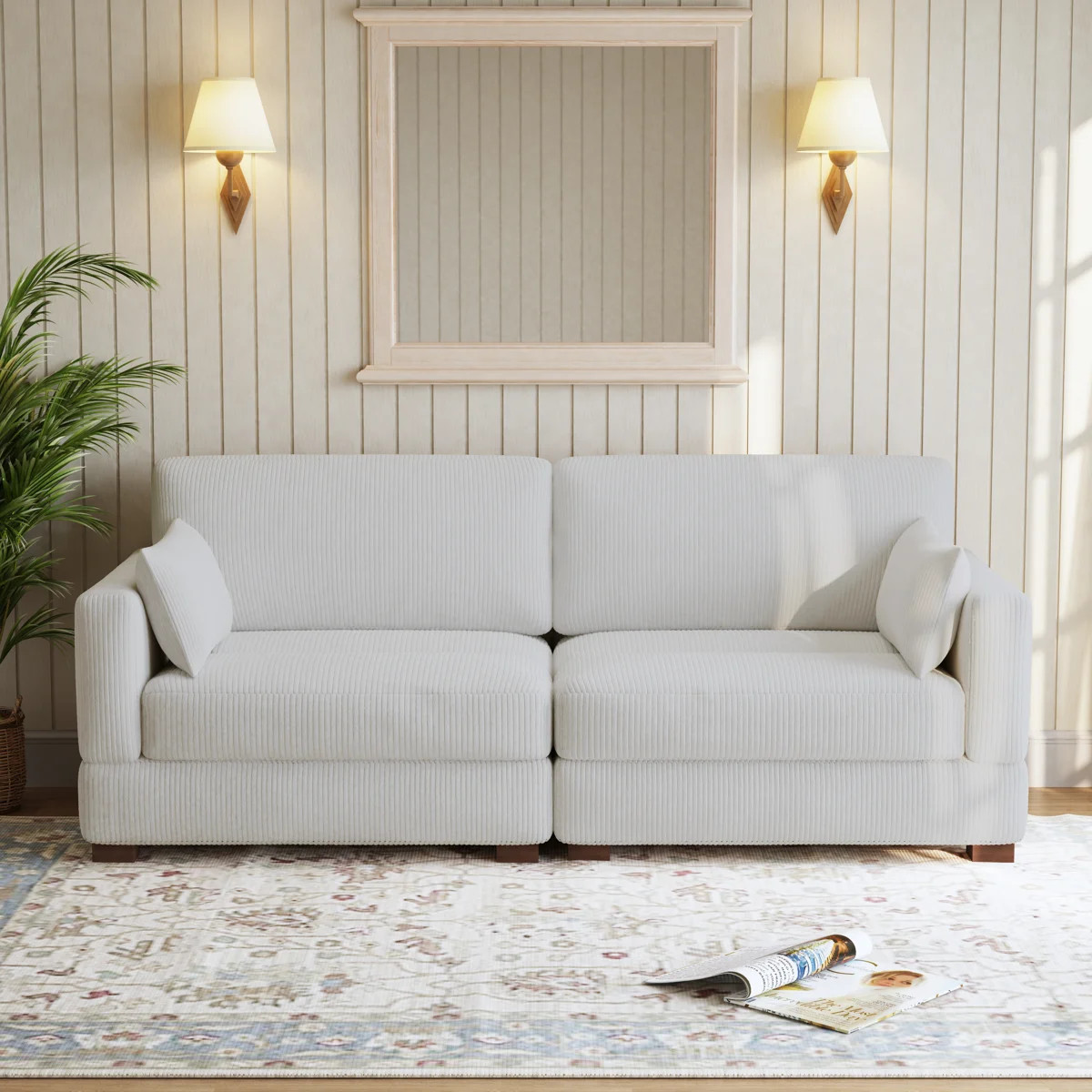 Bentura Upholstered Beige Corduroy Modular Sofa with Pillow Back and Solid Wood Legs | Wayfair North America