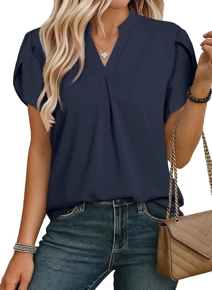 EVALESS Women's Dressy Casual Business Work Chiffon Blouses Tops Summer V Neck Cute Loose Petal S... | Amazon (US)