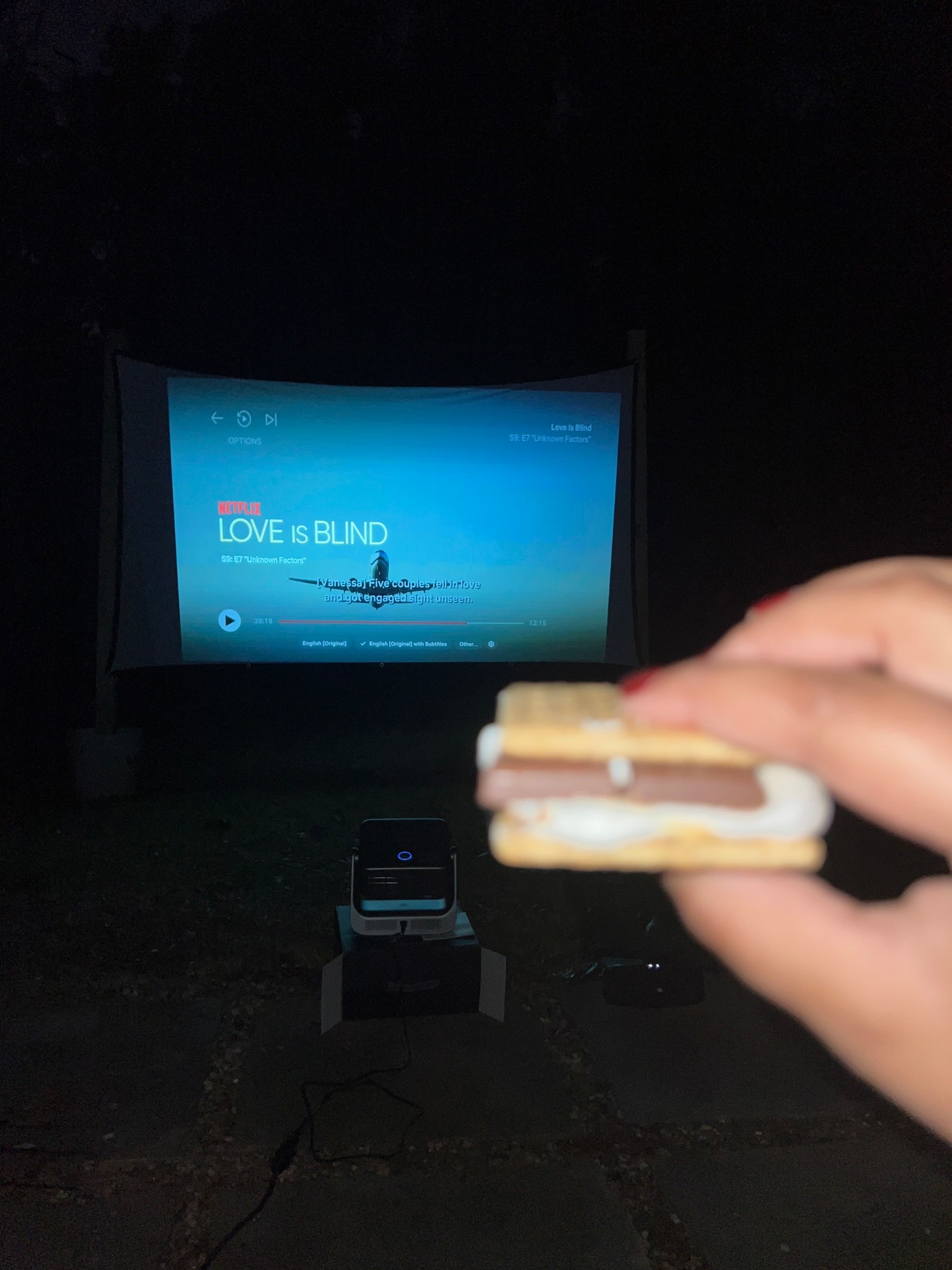 This projector is incredible! I’m so impressed with the picture quality and the sound by itself isn’t bad either! You can hook it up to a blue tooth speaker or leave as is. Is a smart projector so it already has Netflix, YouTube, prime, and Disney - basically any apps you need!! *stand  not linked since we haven’t purchased one yet 