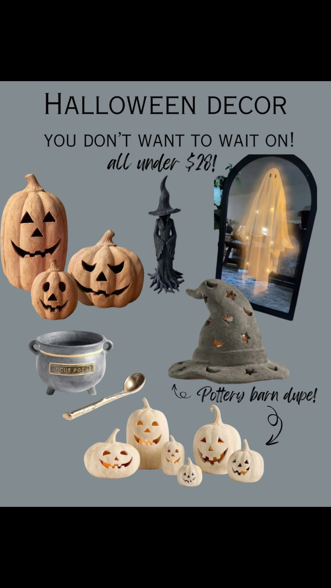 Halloween decor that will sell out!  Added additional finds/links below that are not pictured e sure to check them out! These are a few too finds that you will want to get early! Shop by clicking the thumbnails below👇 Halloween decor, pottery barn, pottery bbarn dupe, pottery barn look for less, designer inspired, designer look for less, fall decor, affordable home decor, witch hat, terracotta witches hat, ghost mirror, pottery barn pumpkins, pottery barn dupe, cauldron, witch statue, terracotta pumpkins, jack o lantern, pumpkinn

#LTKSeasonal #LTKHome #LTKFindsUnder50