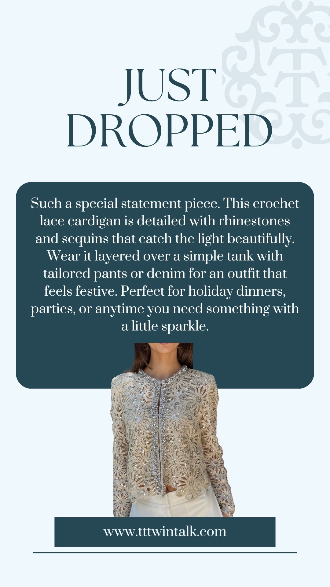 Such a special statement piece. This crochet lace cardigan is detailed with rhinestones and sequins that catch the light beautifully. Wear it layered over a simple tank with tailored pants or denim for an outfit that feels festive. Perfect for holiday dinners, parties, or anytime you need something with a little sparkle.

#LTKMidsize #LTKOver40 #LTKSeasonal